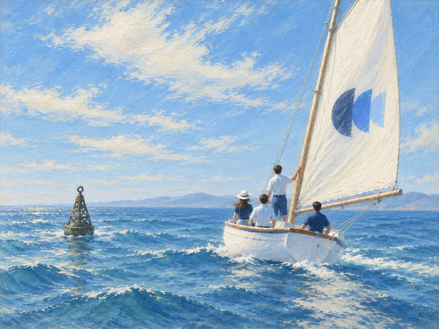 Sailing boat with the AuditScale sail heading towards a buoy